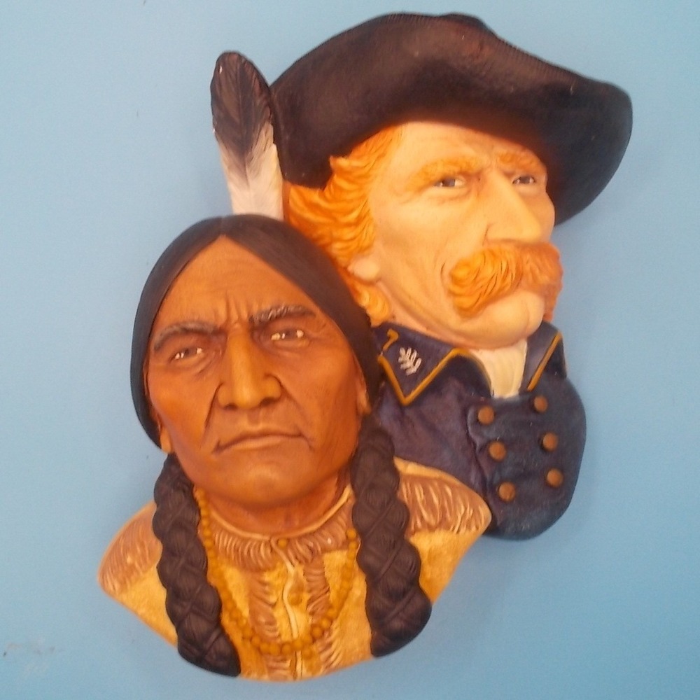 Vintage Sitting Bull & General Custer 3D Wall Plaque Western Americana Decor 8in